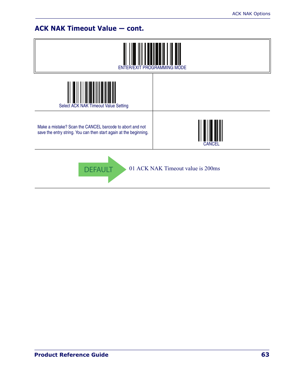 Default, Ack nak timeout value — cont | Rice Lake Datalogic PowerScan PD7100 Series Laser Scanner User Manual | Page 71 / 324