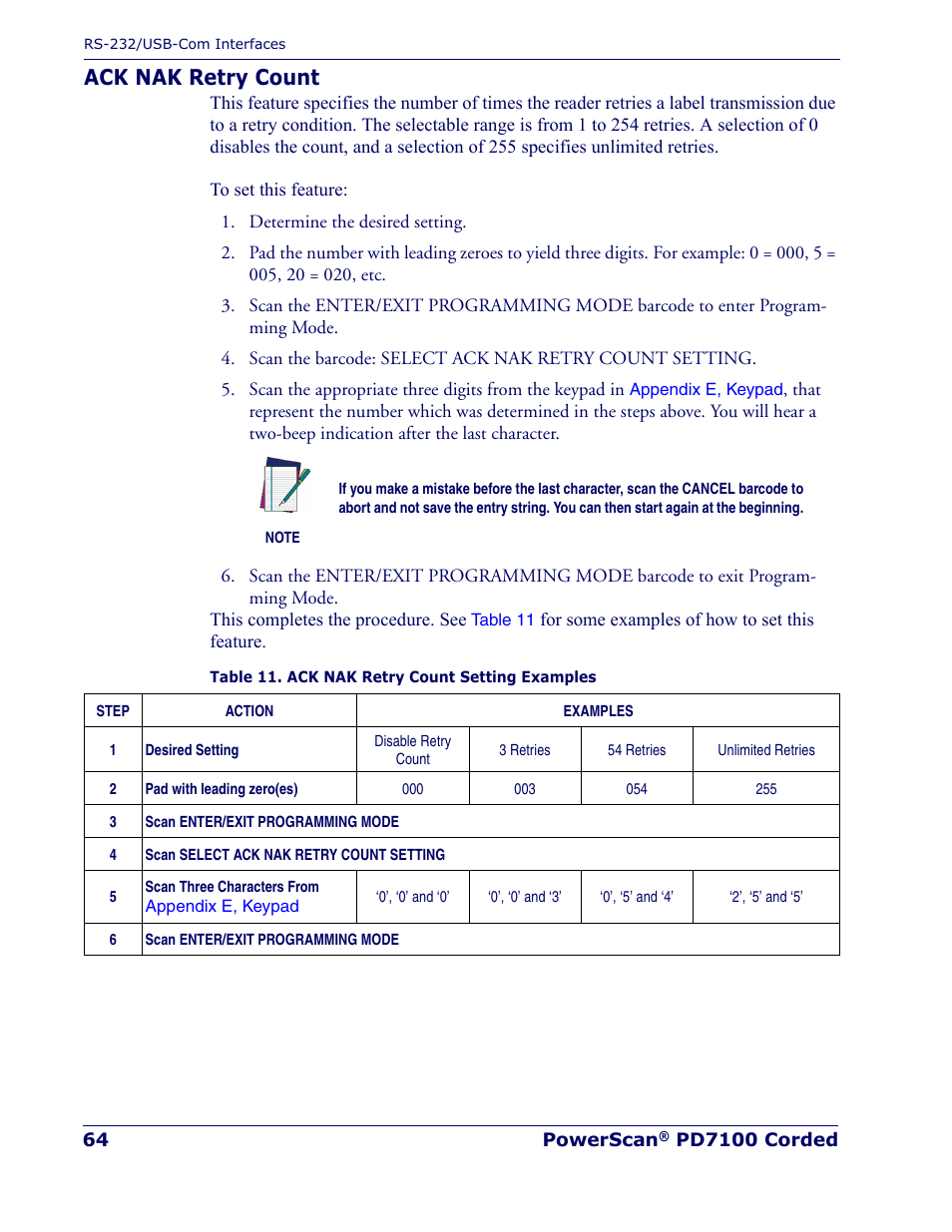 Ack nak retry count | Rice Lake Datalogic PowerScan PD7100 Series Laser Scanner User Manual | Page 72 / 324