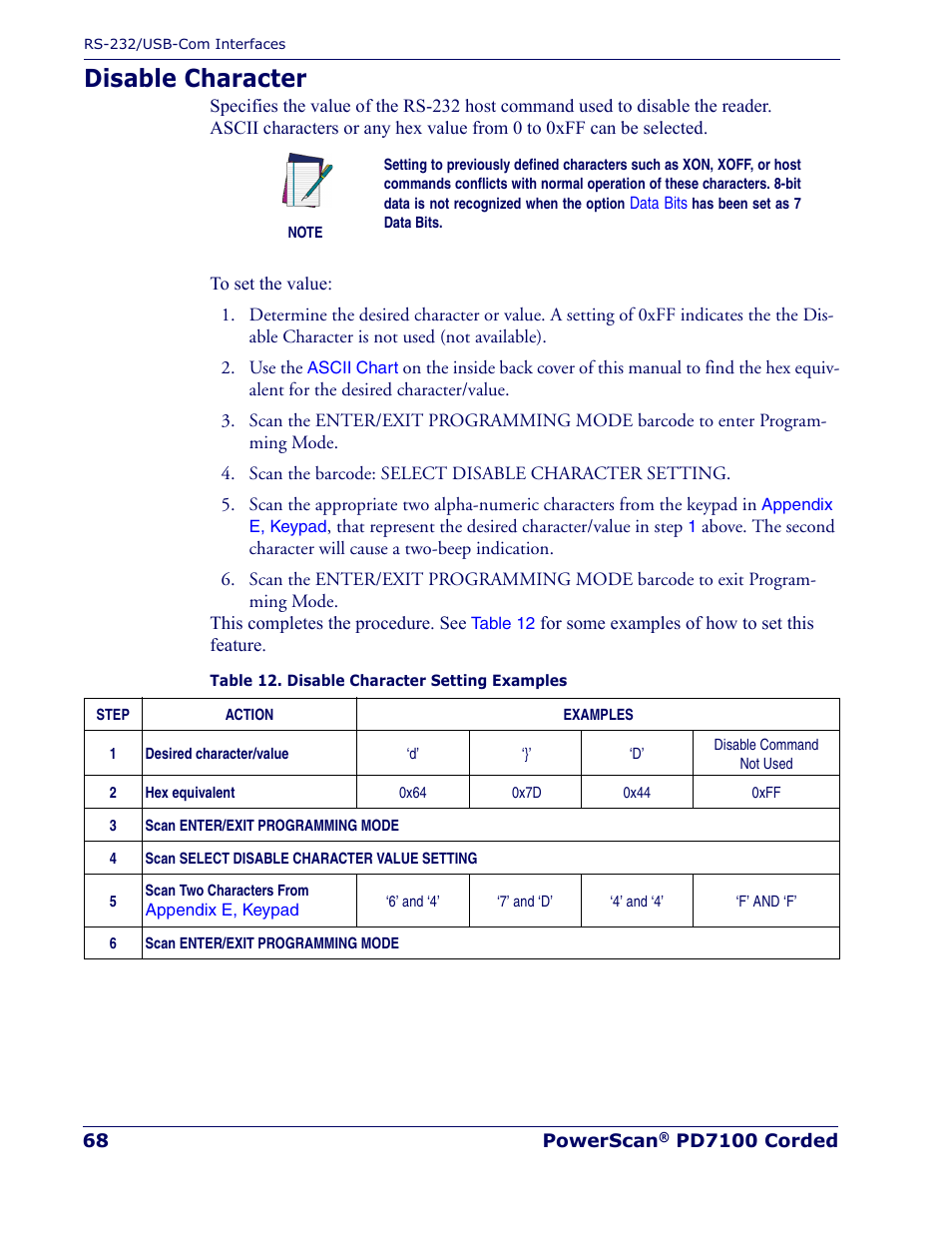 Disable character | Rice Lake Datalogic PowerScan PD7100 Series Laser Scanner User Manual | Page 76 / 324