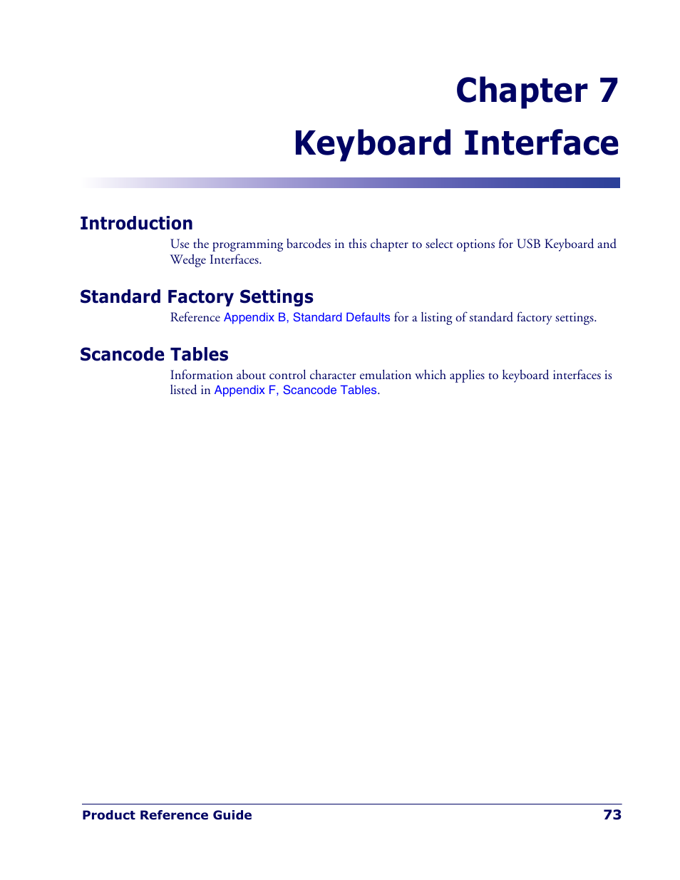 Keyboard interface, Introduction, Standard factory settings | Scancode tables, Chapter 7. keyboard interface, Chapter 7, keyboard interface, Disc, Chapter 7 keyboard interface | Rice Lake Datalogic PowerScan PD7100 Series Laser Scanner User Manual | Page 81 / 324