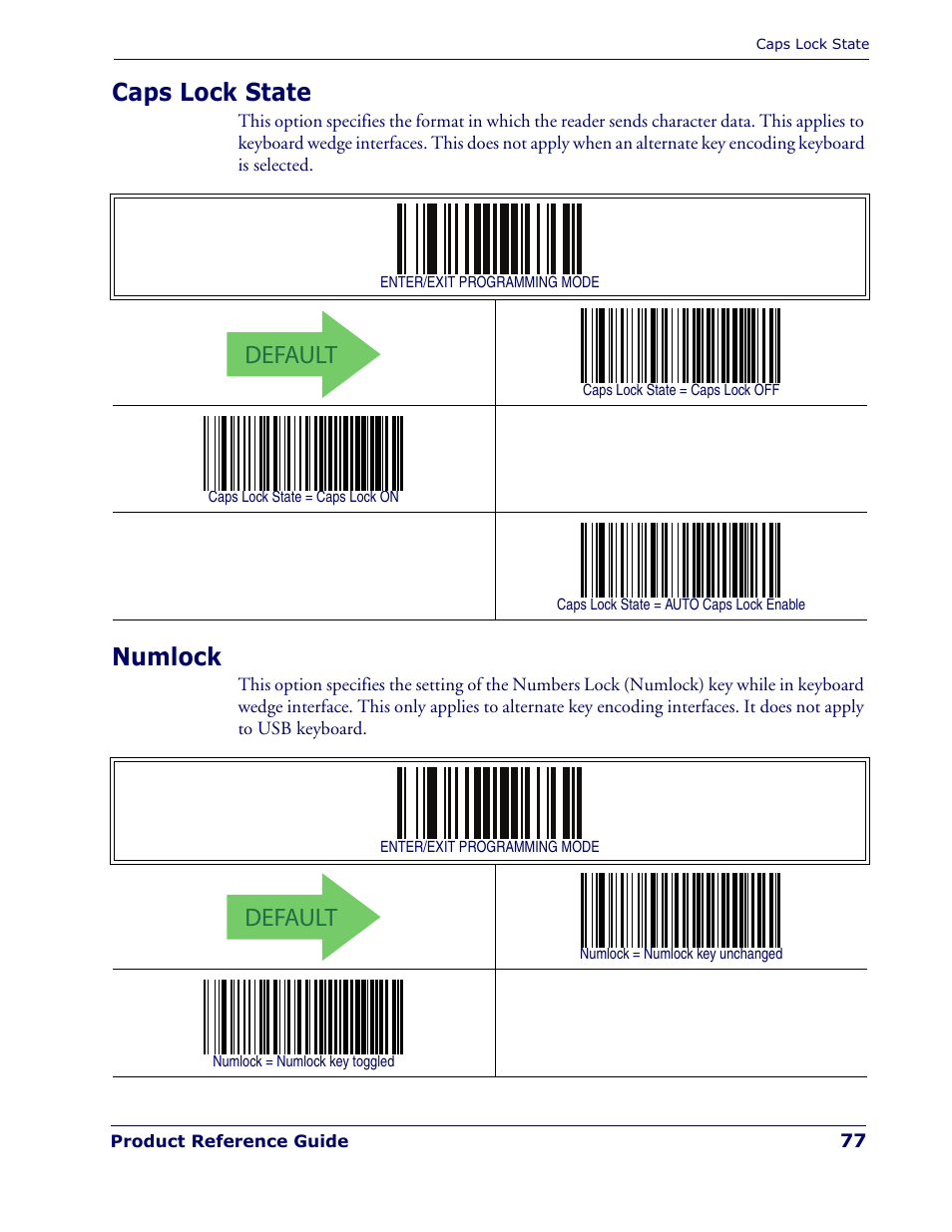 Caps lock state, Numlock, Caps lock state numlock | Default | Rice Lake Datalogic PowerScan PD7100 Series Laser Scanner User Manual | Page 85 / 324