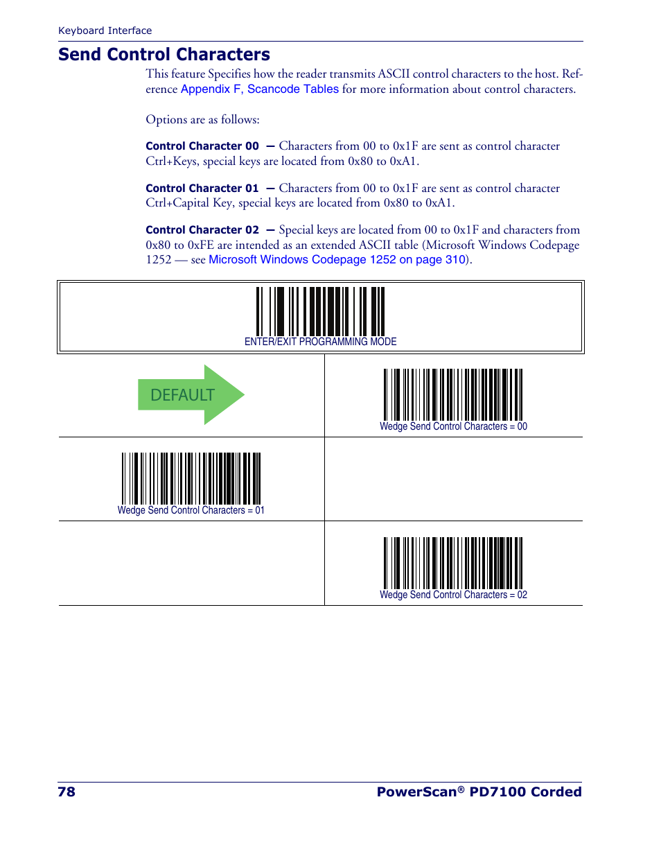 Send control characters, Default | Rice Lake Datalogic PowerScan PD7100 Series Laser Scanner User Manual | Page 86 / 324