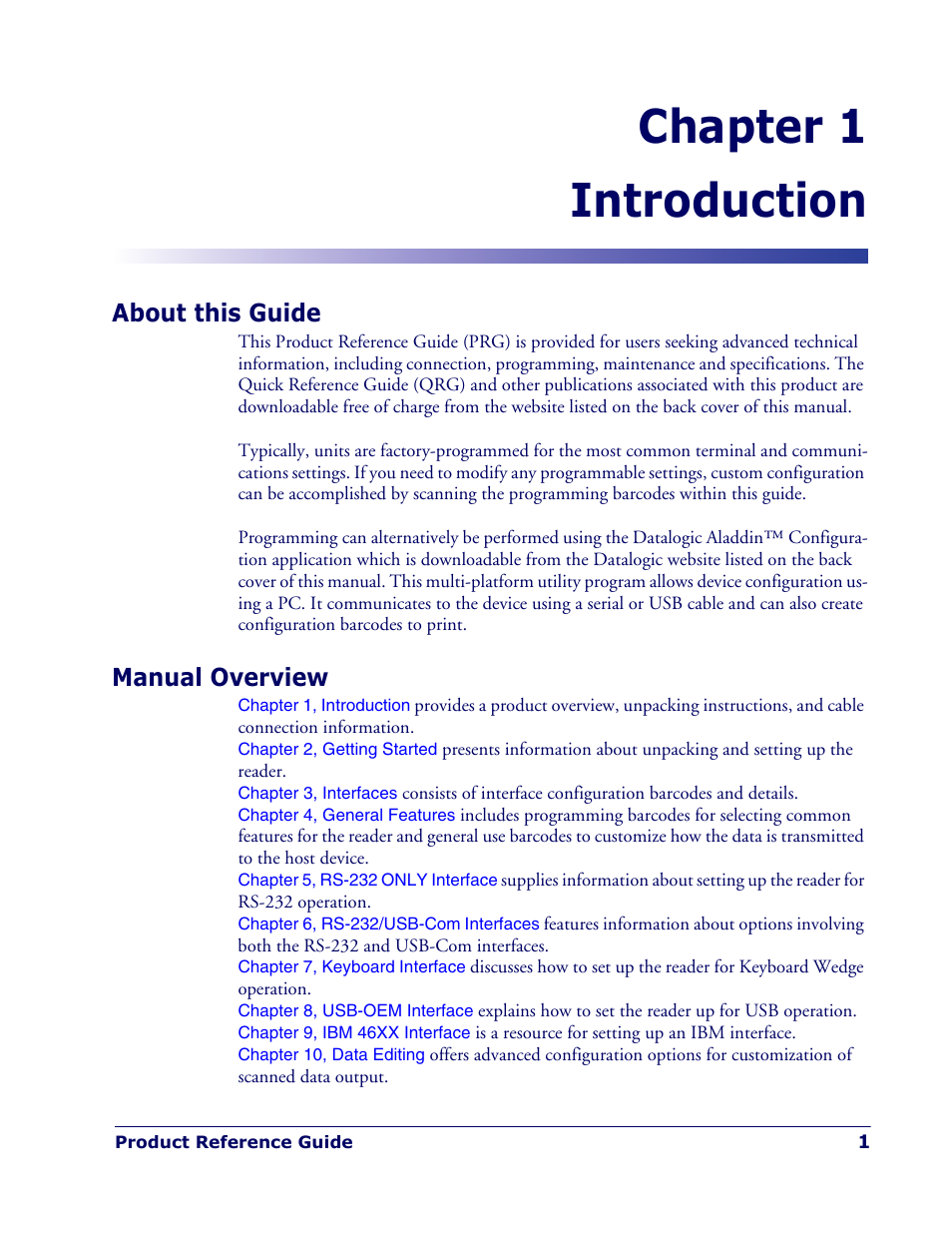 Introduction, About this guide, Manual overview | Chapter 1. introduction, About this guide manual overview, Chapter 1 introduction | Rice Lake Datalogic PowerScan PD7100 Series Laser Scanner User Manual | Page 9 / 324