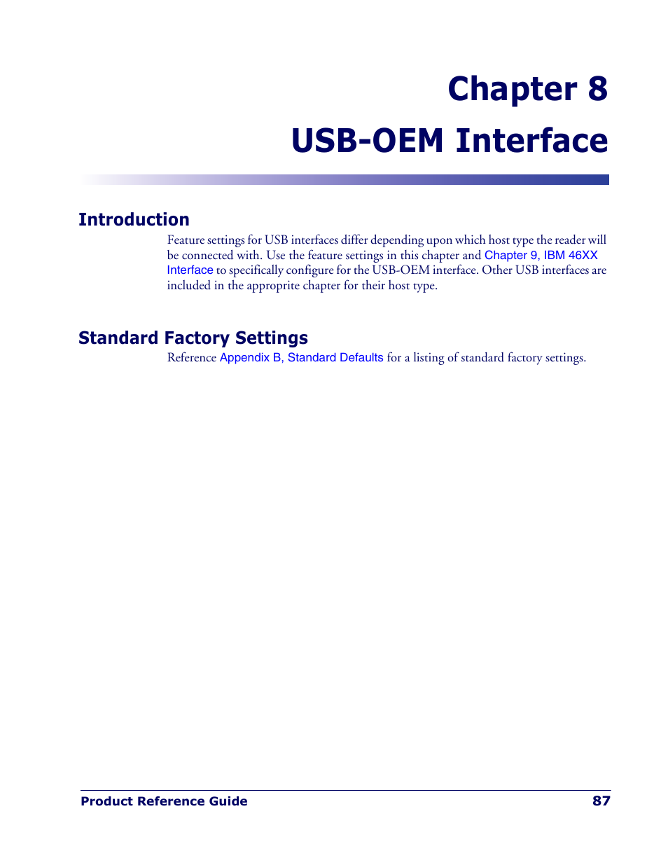 Usb-oem interface, Introduction, Standard factory settings | Chapter 8. usb-oem interface, Introduction standard factory settings, Chapter 8, usb-oem interface, Explains ho, Starting on, Chapter 8 usb-oem interface | Rice Lake Datalogic PowerScan PD7100 Series Laser Scanner User Manual | Page 95 / 324