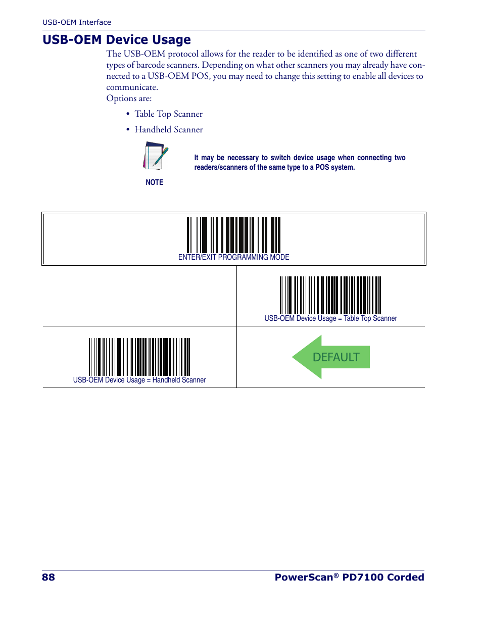 Usb-oem device usage, Default | Rice Lake Datalogic PowerScan PD7100 Series Laser Scanner User Manual | Page 96 / 324