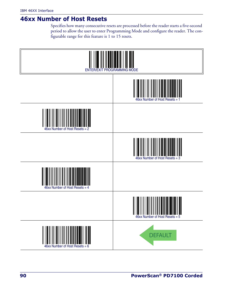 46xx number of host resets, Default | Rice Lake Datalogic PowerScan PD7100 Series Laser Scanner User Manual | Page 98 / 324