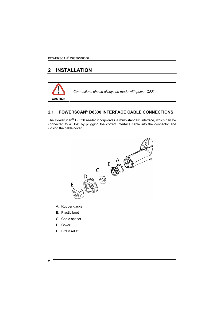 2 installation, 1 powerscan® d8330 interface cable connections, Installation | Powerscan, D8330 interface cable connections, 1 powerscan | Rice Lake Datalogic PowerScan RF 8000 Series Laser Scanner User Manual | Page 10 / 212