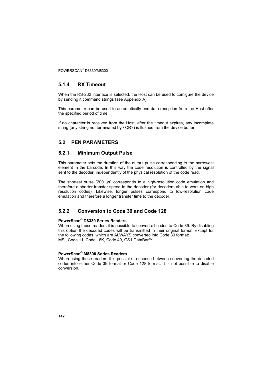 4 rx timeout, 2 pen parameters, 1 minimum output pulse | 2 conversion to code 39 and code 128, Rx timeout, Pen parameters, Minimum output pulse, Conversion to code 39 and code 128 | Rice Lake Datalogic PowerScan RF 8000 Series Laser Scanner User Manual | Page 150 / 212