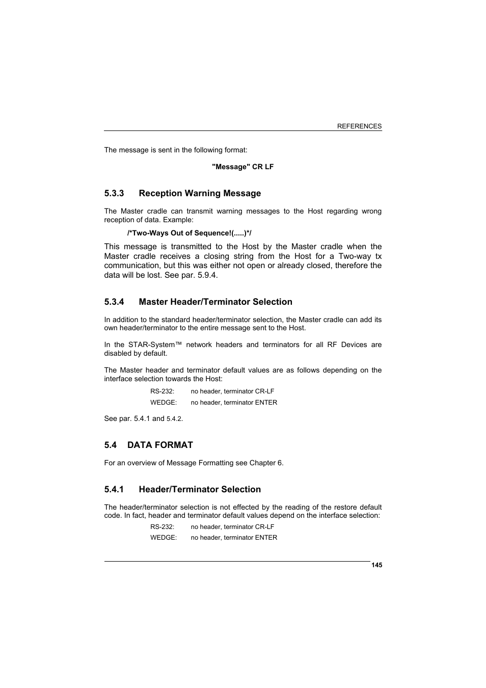 3 reception warning message, 4 master header/terminator selection, 4 data format | 1 header/terminator selection, Reception warning message, Master header/terminator selection, Data format, Header/terminator selection | Rice Lake Datalogic PowerScan RF 8000 Series Laser Scanner User Manual | Page 153 / 212