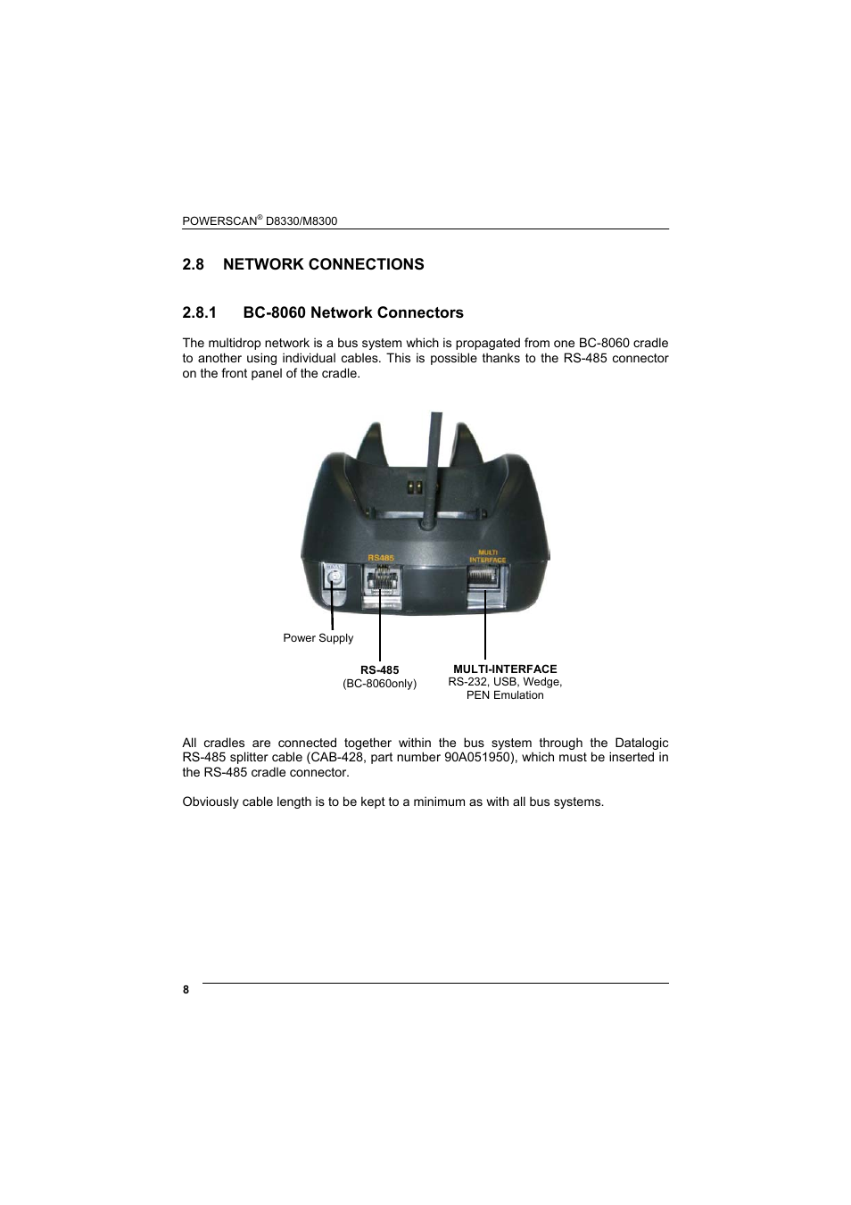 8 network connections, 1 bc-8060 network connectors, Network connections | Bc-8000 network connectors | Rice Lake Datalogic PowerScan RF 8000 Series Laser Scanner User Manual | Page 16 / 212