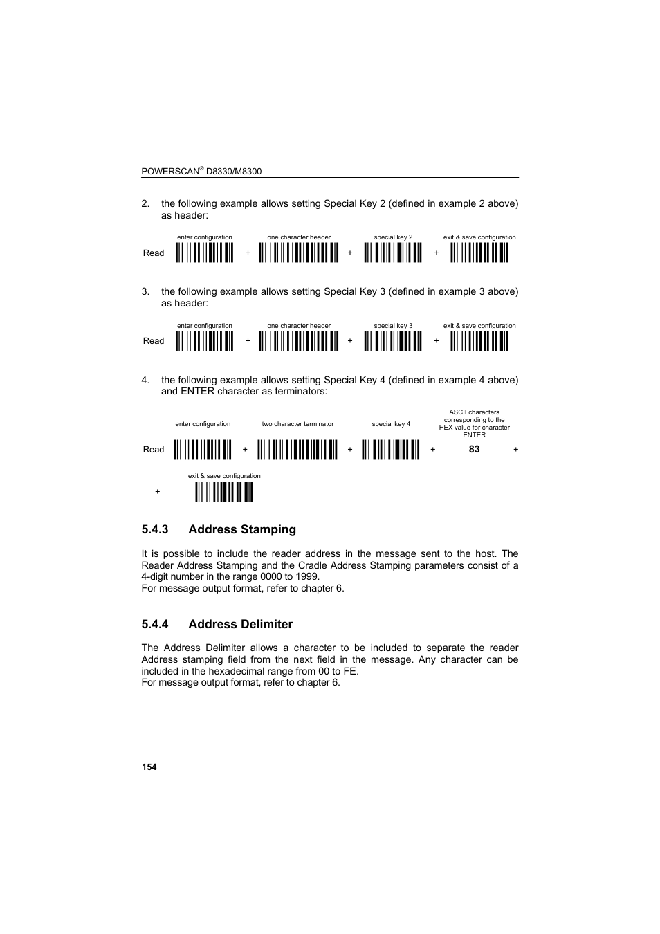 3 address stamping, 4 address delimiter, Address stamping | Address delimiter, М$+;о, Мea01.о, М9dжо, М$-?о, М9eио, Мea125о | Rice Lake Datalogic PowerScan RF 8000 Series Laser Scanner User Manual | Page 162 / 212