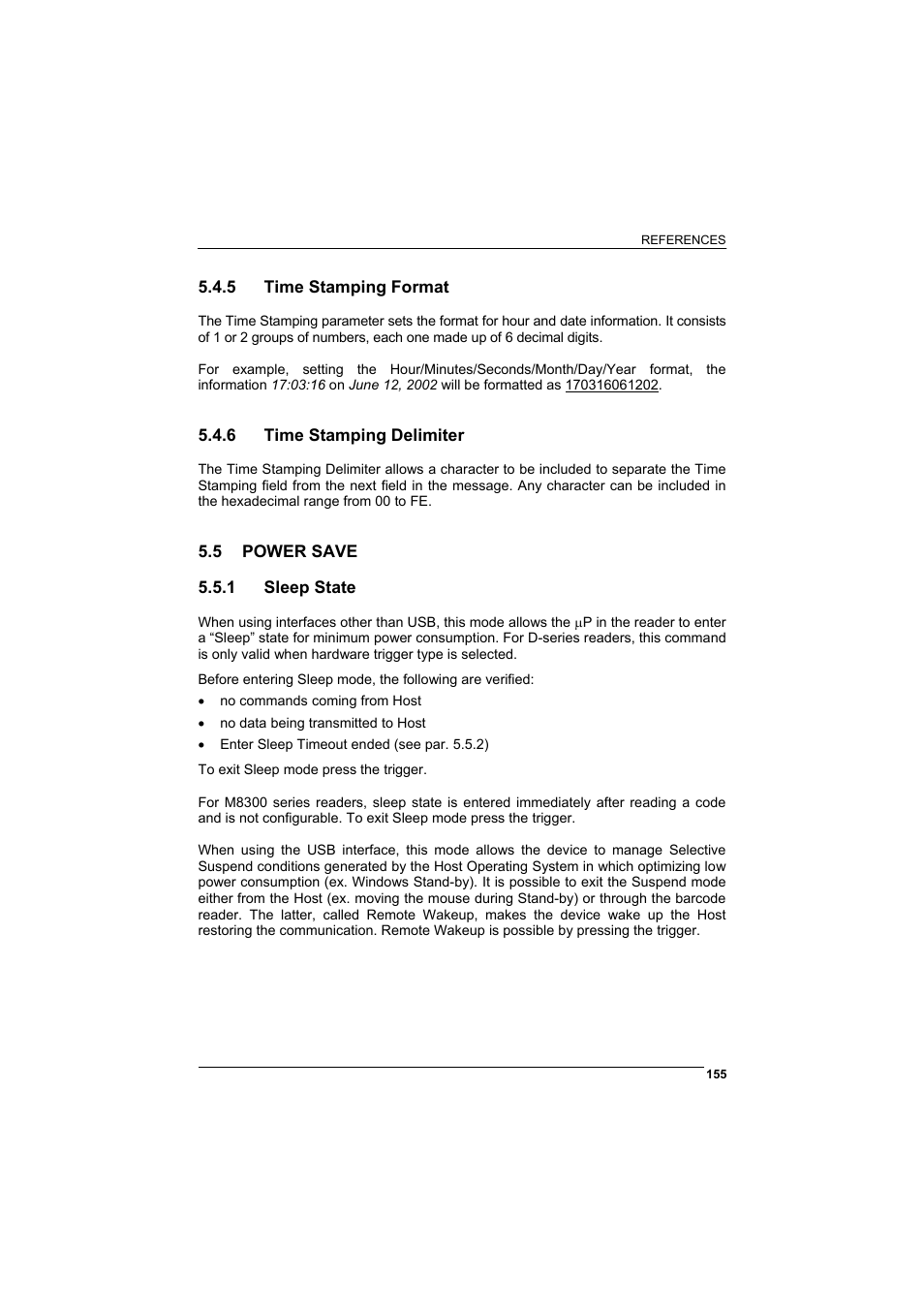 5 time stamping format, 6 time stamping delimiter, 5 power save | 1 sleep state, Time stamping format, Time stamping delimiter, Power save, Sleep state | Rice Lake Datalogic PowerScan RF 8000 Series Laser Scanner User Manual | Page 163 / 212