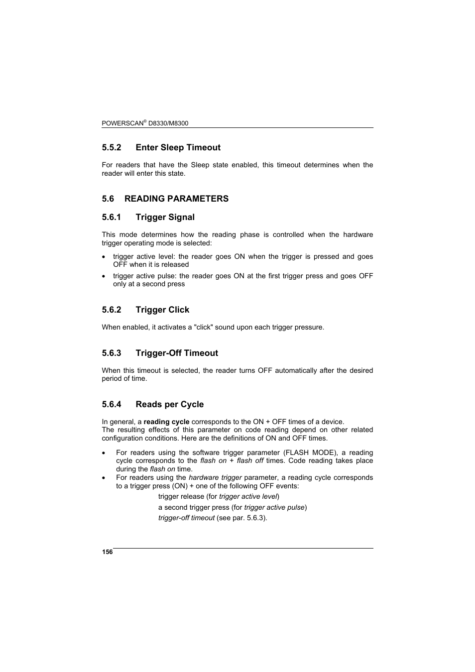 2 enter sleep timeout, 6 reading parameters, 1 trigger signal | 2 trigger click, 3 trigger-off timeout, 4 reads per cycle, Enter sleep timeout, Reading parameters, Trigger signal, Trigger click | Rice Lake Datalogic PowerScan RF 8000 Series Laser Scanner User Manual | Page 164 / 212