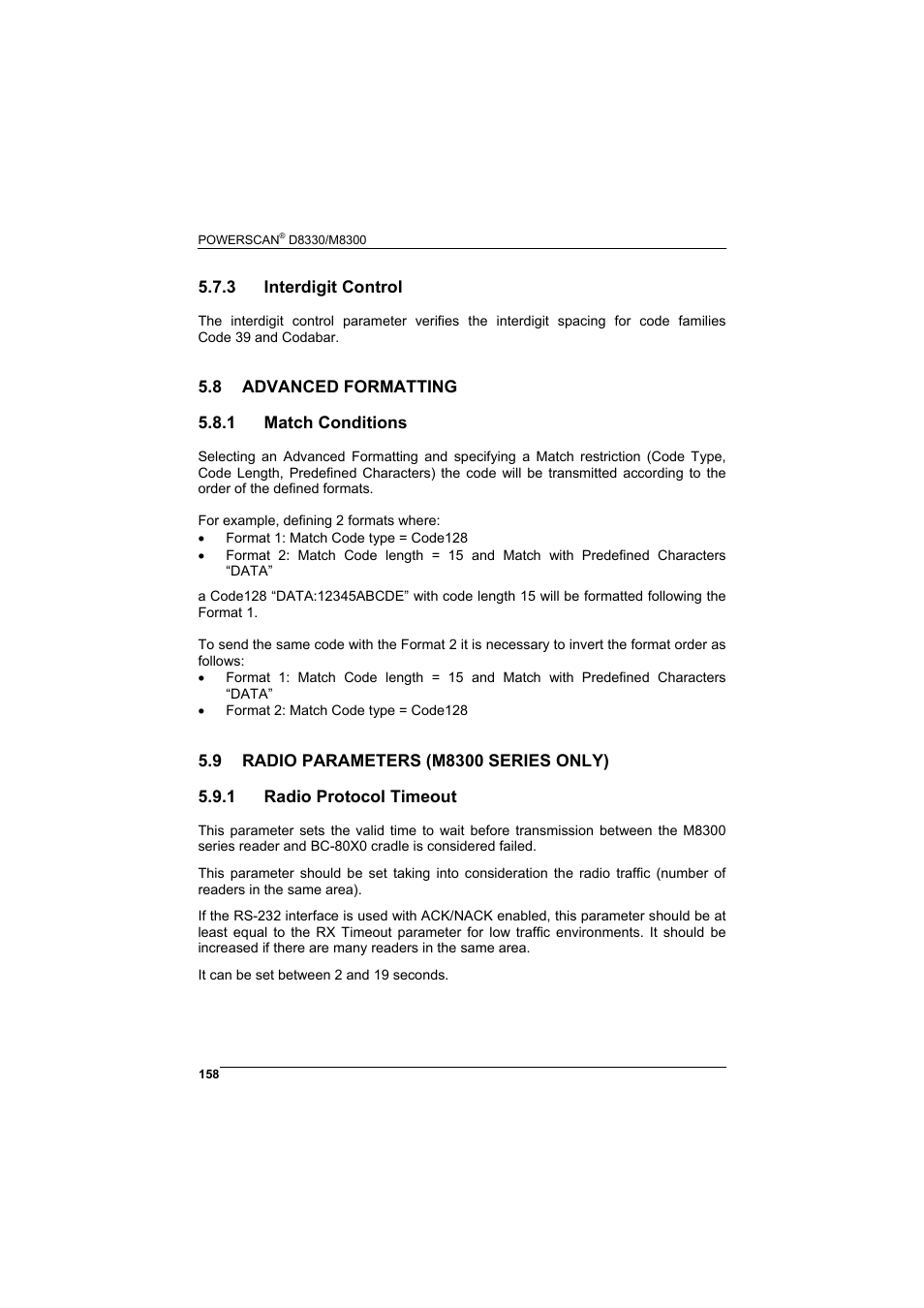 3 interdigit control, 8 advanced formatting, 1 match conditions | 9 radio parameters (m8300 series only), 1 radio protocol timeout, Interdigit control, Advanced formatting, Match conditions, Radio parameters (m8300 series only), Radio protocol timeout | Rice Lake Datalogic PowerScan RF 8000 Series Laser Scanner User Manual | Page 166 / 212