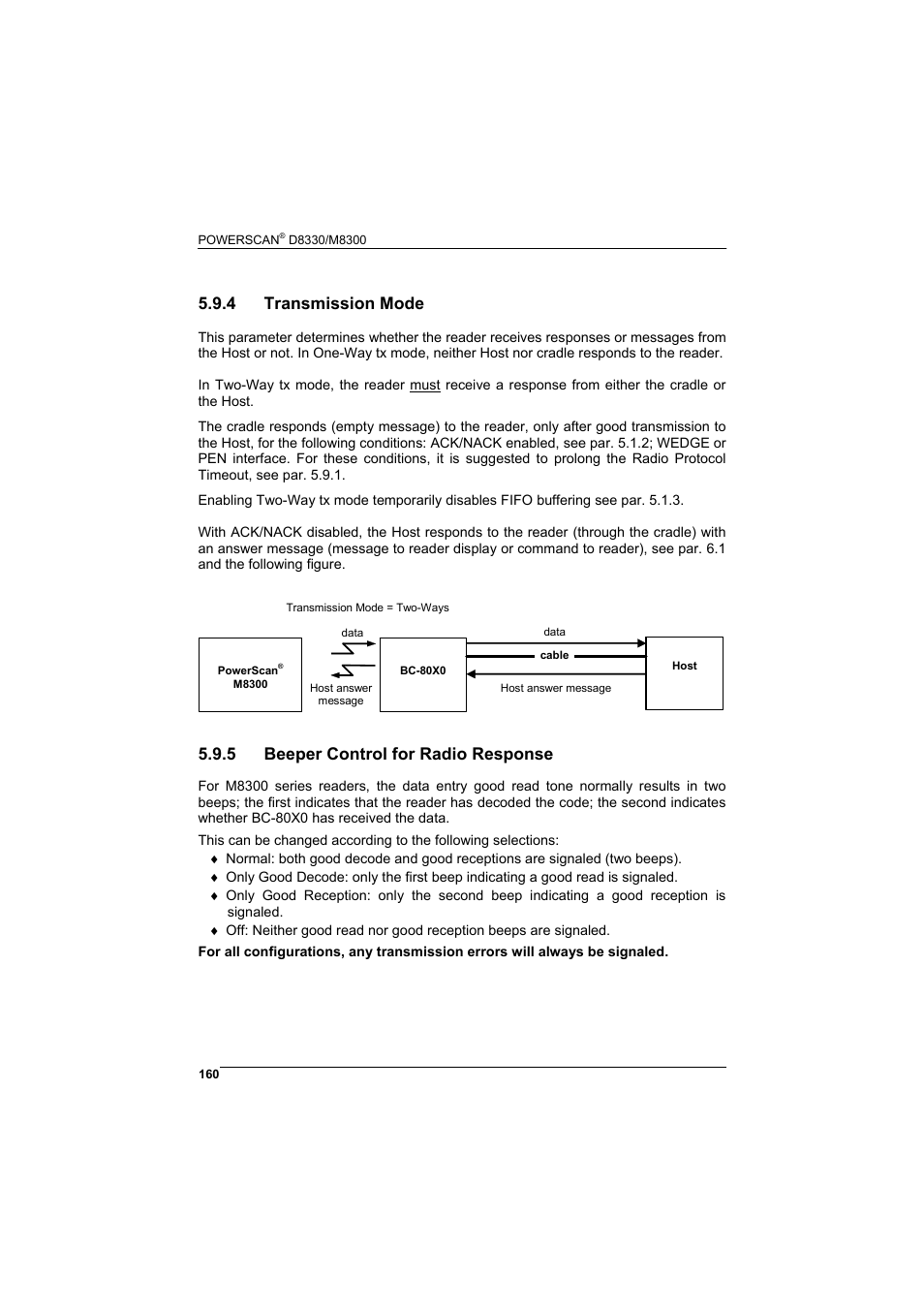 4 transmission mode, 5 beeper control for radio response, Transmission mode | Beeper control for radio response, Data will be lost. see par. 5.9.4 | Rice Lake Datalogic PowerScan RF 8000 Series Laser Scanner User Manual | Page 168 / 212