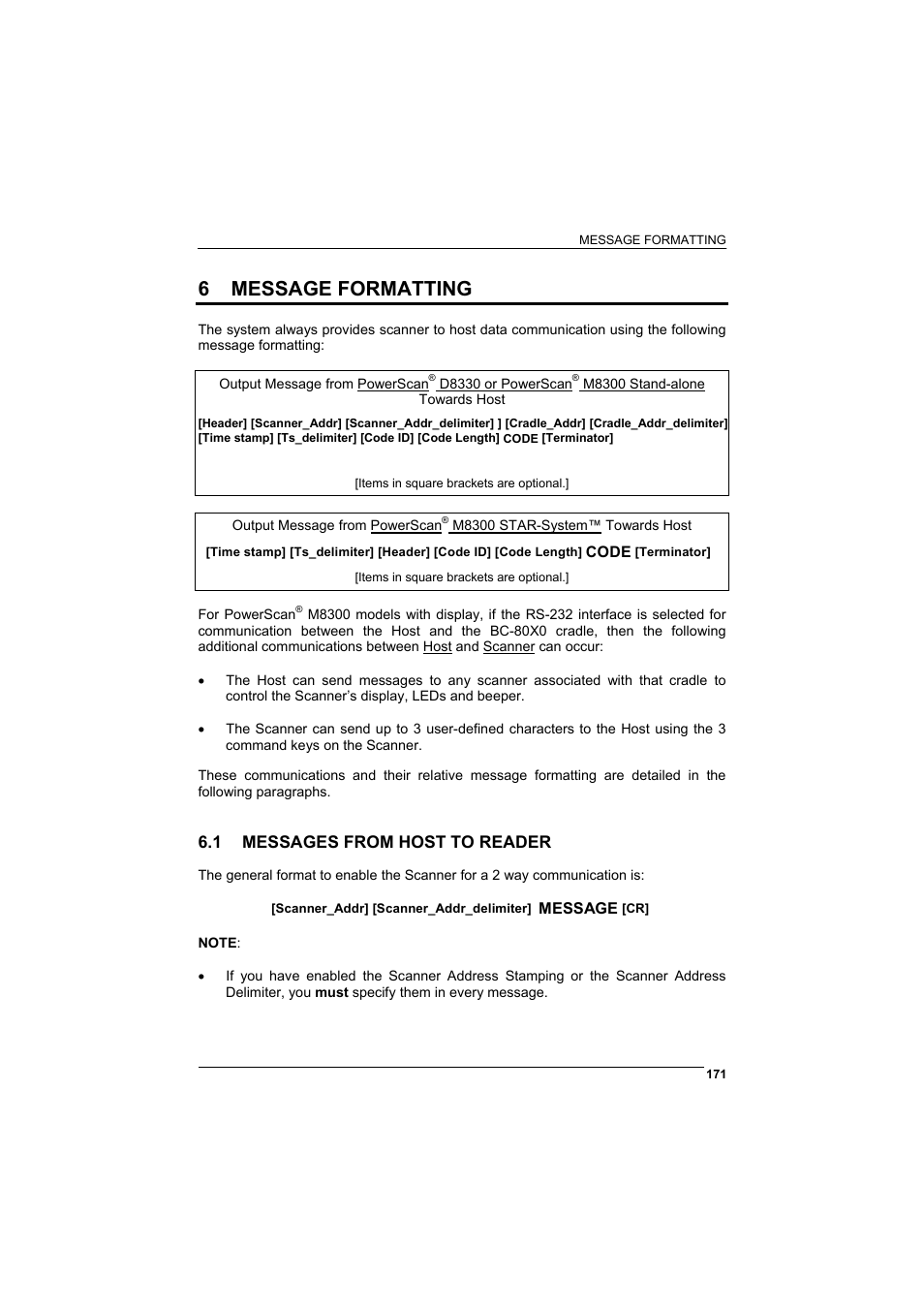 6 message formatting, 1 messages from host to reader, Message formatting | Messages from host to reader, Chapter 6, 1 for host to scann | Rice Lake Datalogic PowerScan RF 8000 Series Laser Scanner User Manual | Page 179 / 212