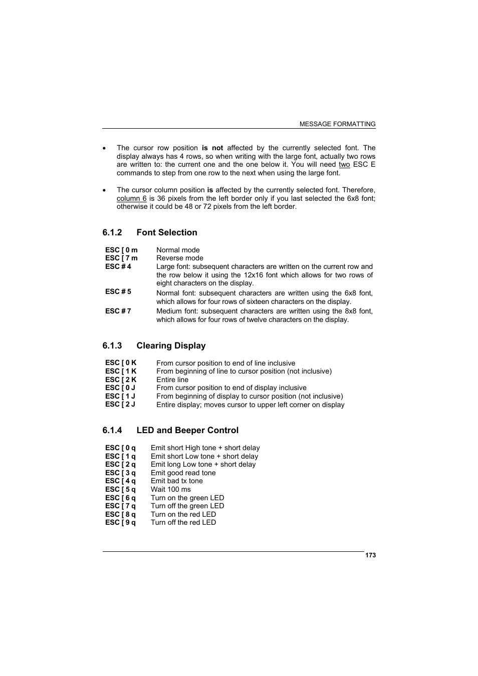 2 font selection, 3 clearing display, 4 led and beeper control | Font selection, Clearing display, Led and beeper control | Rice Lake Datalogic PowerScan RF 8000 Series Laser Scanner User Manual | Page 181 / 212