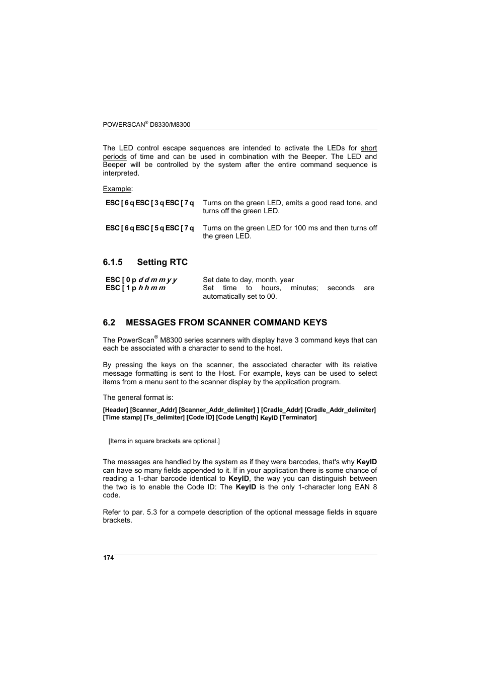 5 setting rtc, 2 messages from scanner command keys, Setting rtc | Messages from reader command keys | Rice Lake Datalogic PowerScan RF 8000 Series Laser Scanner User Manual | Page 182 / 212