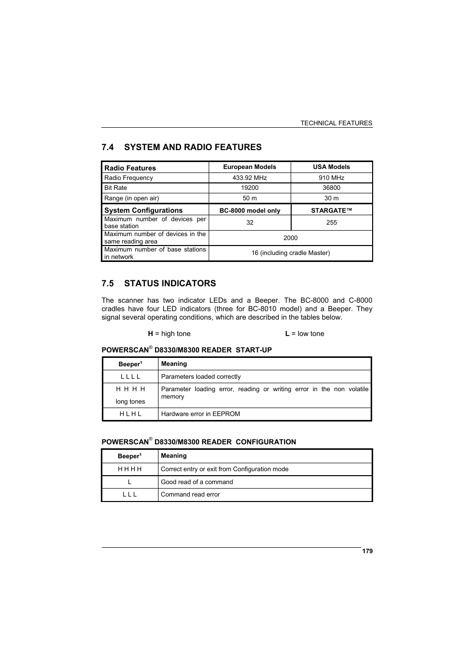 4 system and radio features, 5 status indicators, System and radio features | Status indicators | Rice Lake Datalogic PowerScan RF 8000 Series Laser Scanner User Manual | Page 187 / 212