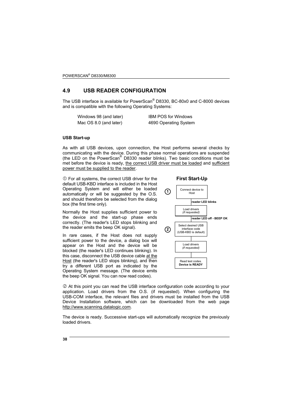 9 usb reader configuration, Usb reader configuration, First start-up | Rice Lake Datalogic PowerScan RF 8000 Series Laser Scanner User Manual | Page 46 / 212