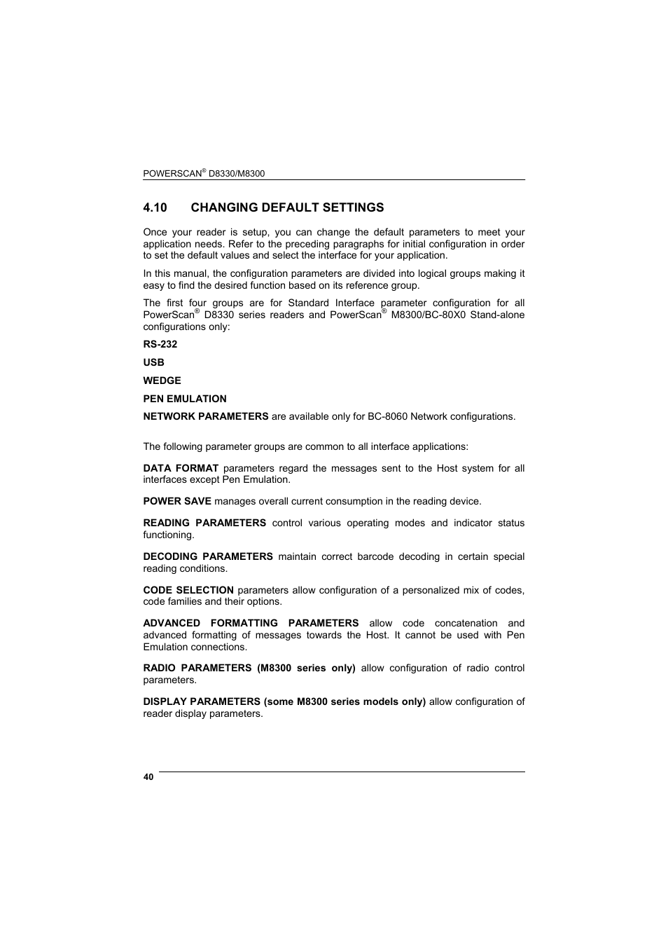 10 changing default settings, Changing default settings | Rice Lake Datalogic PowerScan RF 8000 Series Laser Scanner User Manual | Page 48 / 212