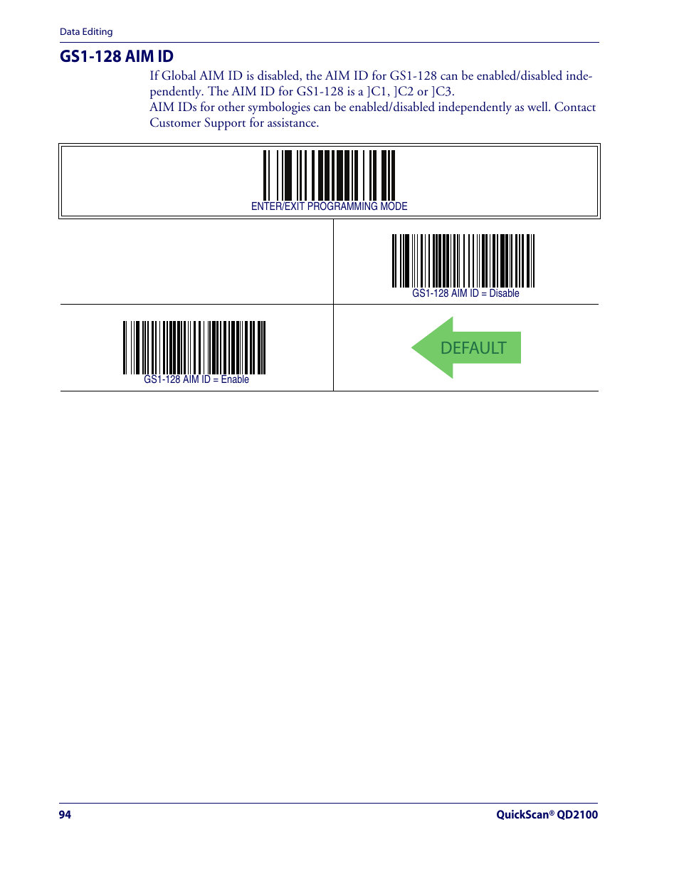 Gs1-128 aim id, Default | Rice Lake Datalogic QuickScan QD2100 Linear Imager Hand-held Scanner User Manual | Page 102 / 320