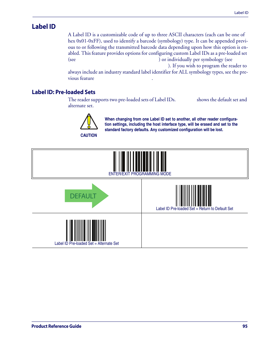 Label id, Label id: pre-loaded sets, Default | Rice Lake Datalogic QuickScan QD2100 Linear Imager Hand-held Scanner User Manual | Page 103 / 320