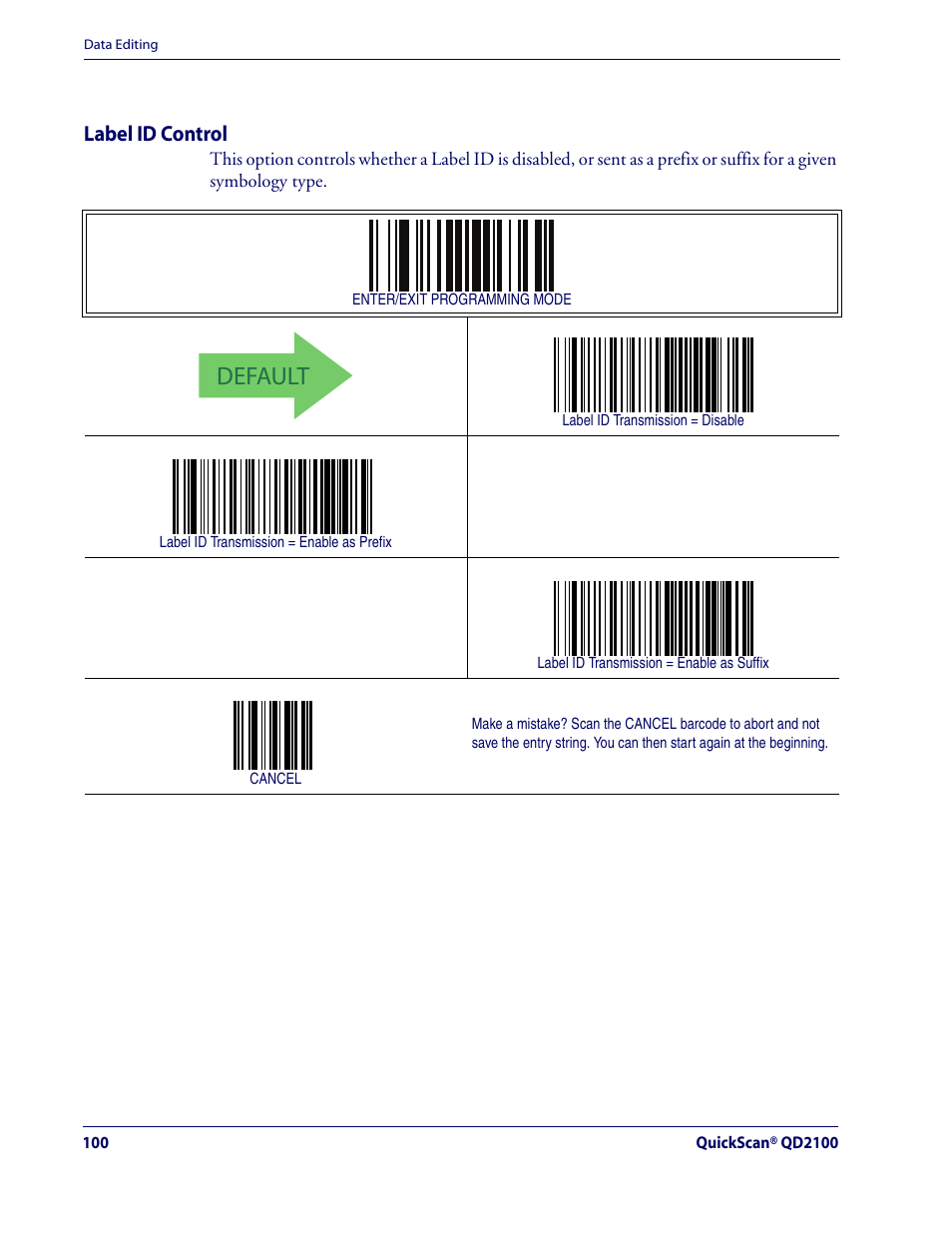 Label id control, Ction, Default | Label id — continued | Rice Lake Datalogic QuickScan QD2100 Linear Imager Hand-held Scanner User Manual | Page 108 / 320