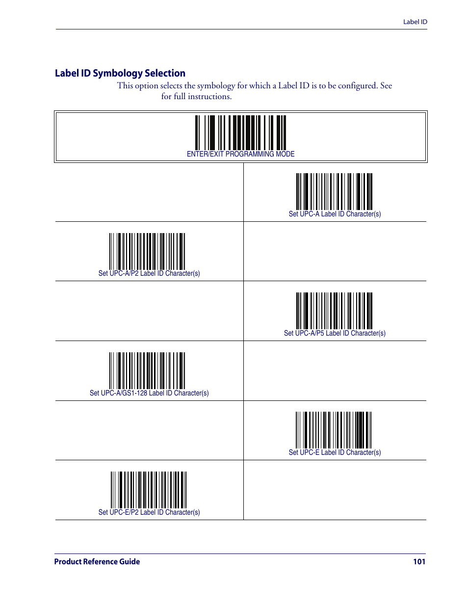 Label id symbology selection, From the section, Label id symbology | Label id — continued | Rice Lake Datalogic QuickScan QD2100 Linear Imager Hand-held Scanner User Manual | Page 109 / 320