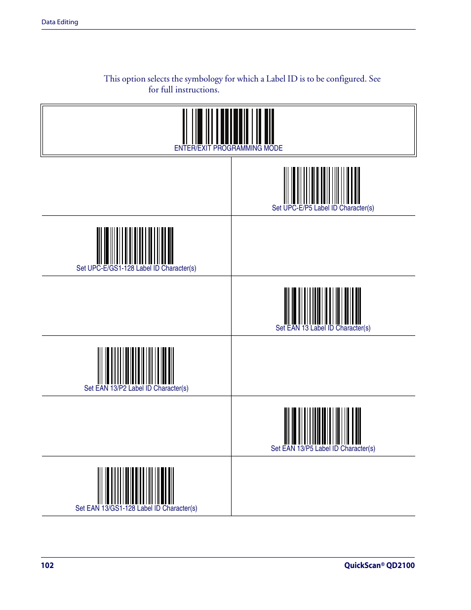 Label id — continued, Label id symbology selection — continued | Rice Lake Datalogic QuickScan QD2100 Linear Imager Hand-held Scanner User Manual | Page 110 / 320