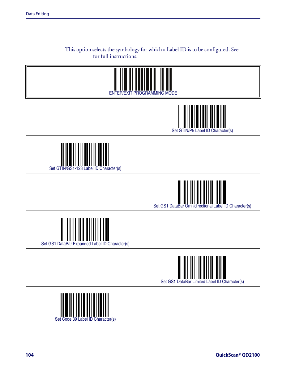 Label id — continued, Label id symbology selection — continued | Rice Lake Datalogic QuickScan QD2100 Linear Imager Hand-held Scanner User Manual | Page 112 / 320