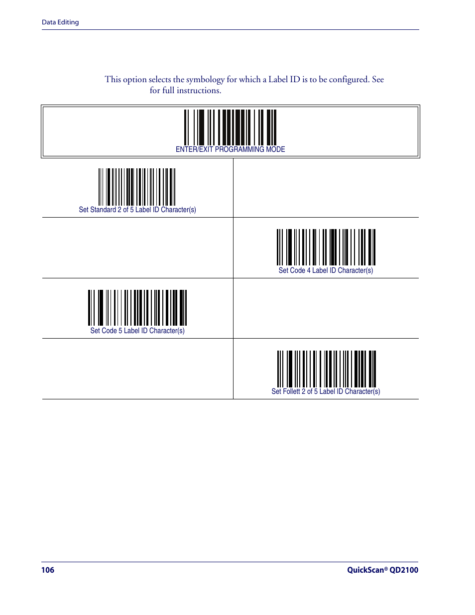 Label id — continued, Label id symbology selection — continued, For full instructions | Rice Lake Datalogic QuickScan QD2100 Linear Imager Hand-held Scanner User Manual | Page 114 / 320