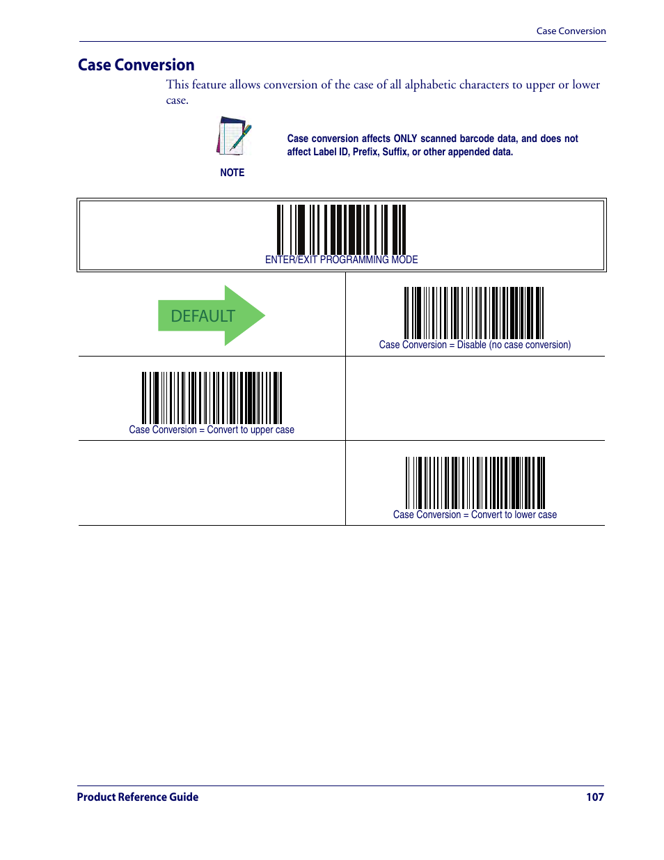 Case conversion, Default | Rice Lake Datalogic QuickScan QD2100 Linear Imager Hand-held Scanner User Manual | Page 115 / 320