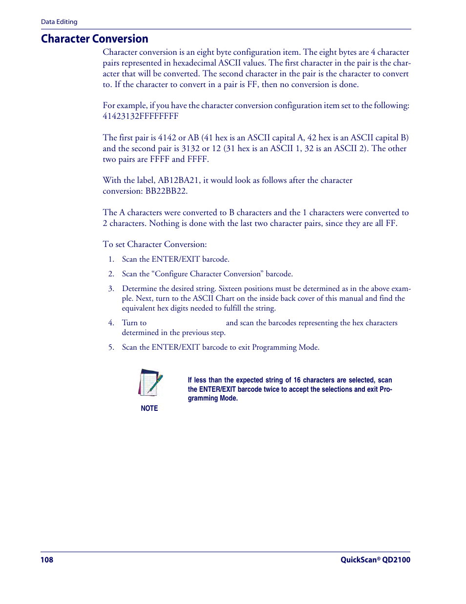 Character conversion | Rice Lake Datalogic QuickScan QD2100 Linear Imager Hand-held Scanner User Manual | Page 116 / 320