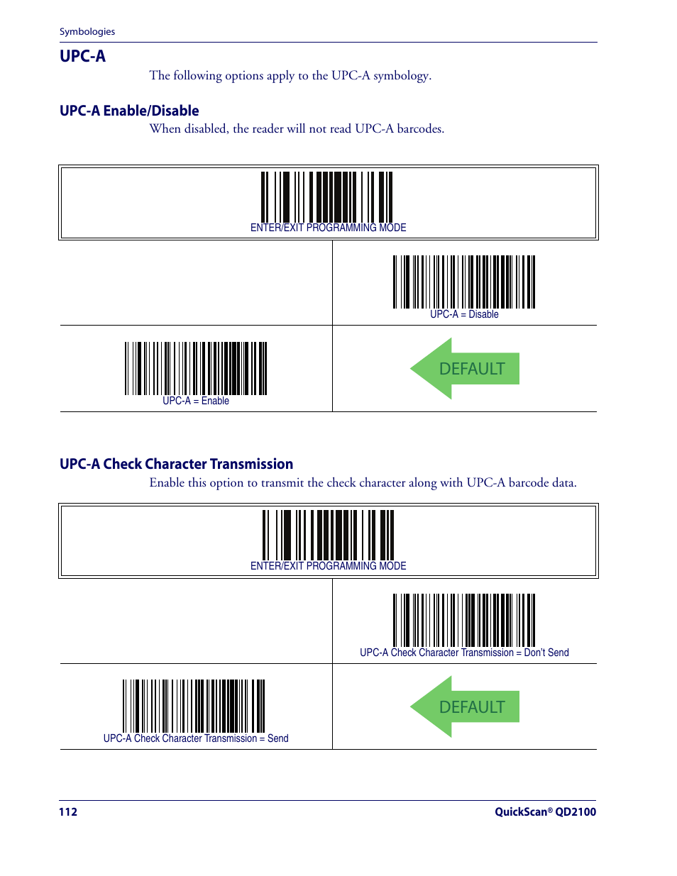 Upc-a, Upc-a enable/disable, Upc-a check character transmission | Default | Rice Lake Datalogic QuickScan QD2100 Linear Imager Hand-held Scanner User Manual | Page 120 / 320