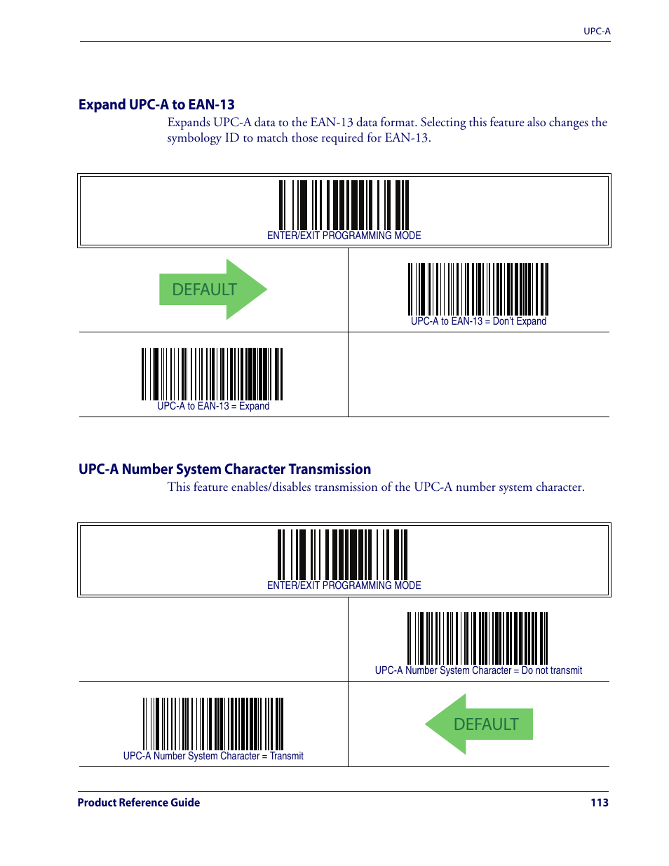 Expand upc-a to ean-13, Upc-a number system character transmission, Default | Upc-a — cont | Rice Lake Datalogic QuickScan QD2100 Linear Imager Hand-held Scanner User Manual | Page 121 / 320