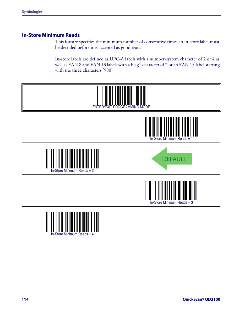 In-store minimum reads, Default, Upc-a — cont | Rice Lake Datalogic QuickScan QD2100 Linear Imager Hand-held Scanner User Manual | Page 122 / 320