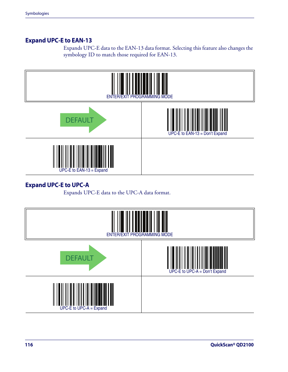 Expand upc-e to ean-13, Expand upc-e to upc-a, Expand upc-e to ean-13 expand upc-e to upc-a | Default, Upc-e — cont | Rice Lake Datalogic QuickScan QD2100 Linear Imager Hand-held Scanner User Manual | Page 124 / 320
