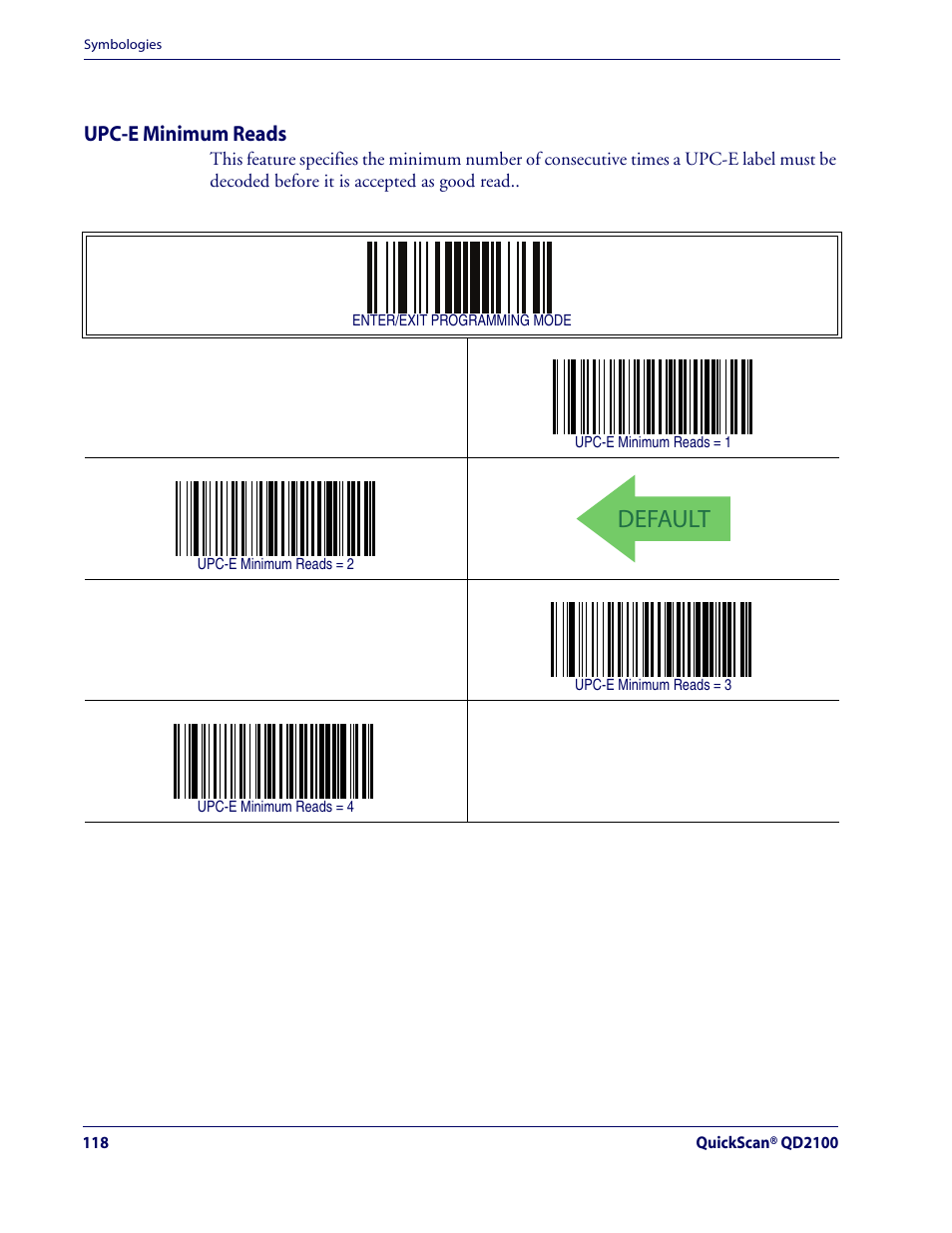 Upc-e minimum reads, Default, Upc-e — cont | Rice Lake Datalogic QuickScan QD2100 Linear Imager Hand-held Scanner User Manual | Page 126 / 320