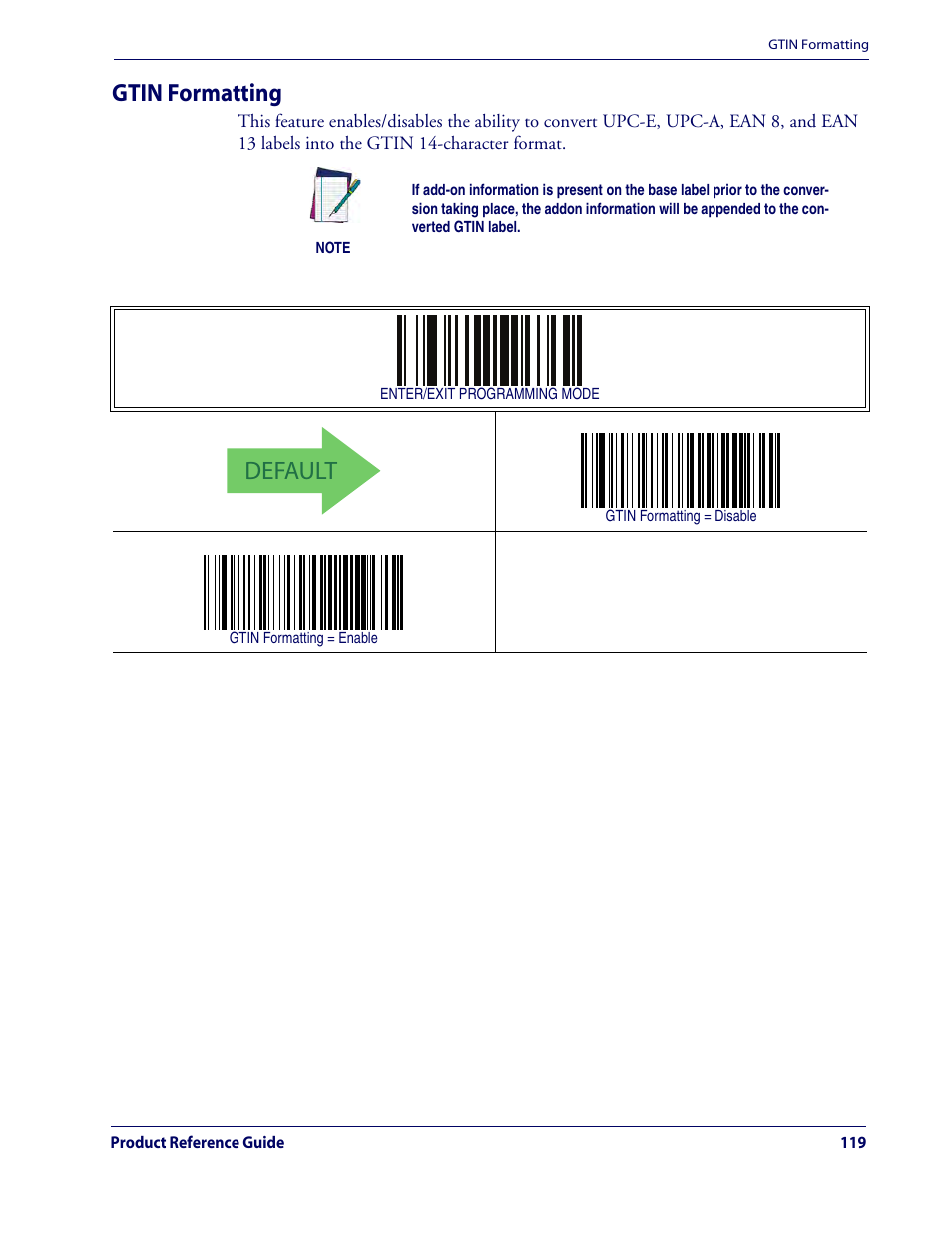 Gtin formatting, Default | Rice Lake Datalogic QuickScan QD2100 Linear Imager Hand-held Scanner User Manual | Page 127 / 320