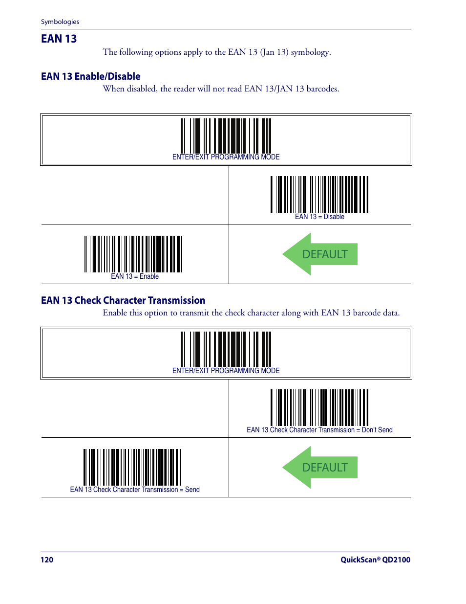 Ean 13, Ean 13 enable/disable, Ean 13 check character transmission | Default | Rice Lake Datalogic QuickScan QD2100 Linear Imager Hand-held Scanner User Manual | Page 128 / 320