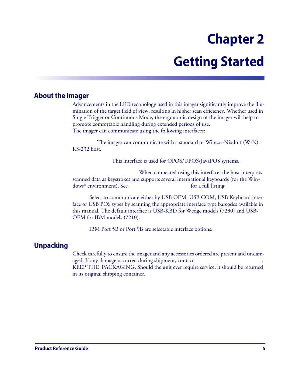 Getting started, About the imager, Unpacking | Chapter 2. getting started, About the imager unpacking, Chapter 2, getting started, Chapter 2 getting started | Rice Lake Datalogic QuickScan QD2100 Linear Imager Hand-held Scanner User Manual | Page 13 / 320