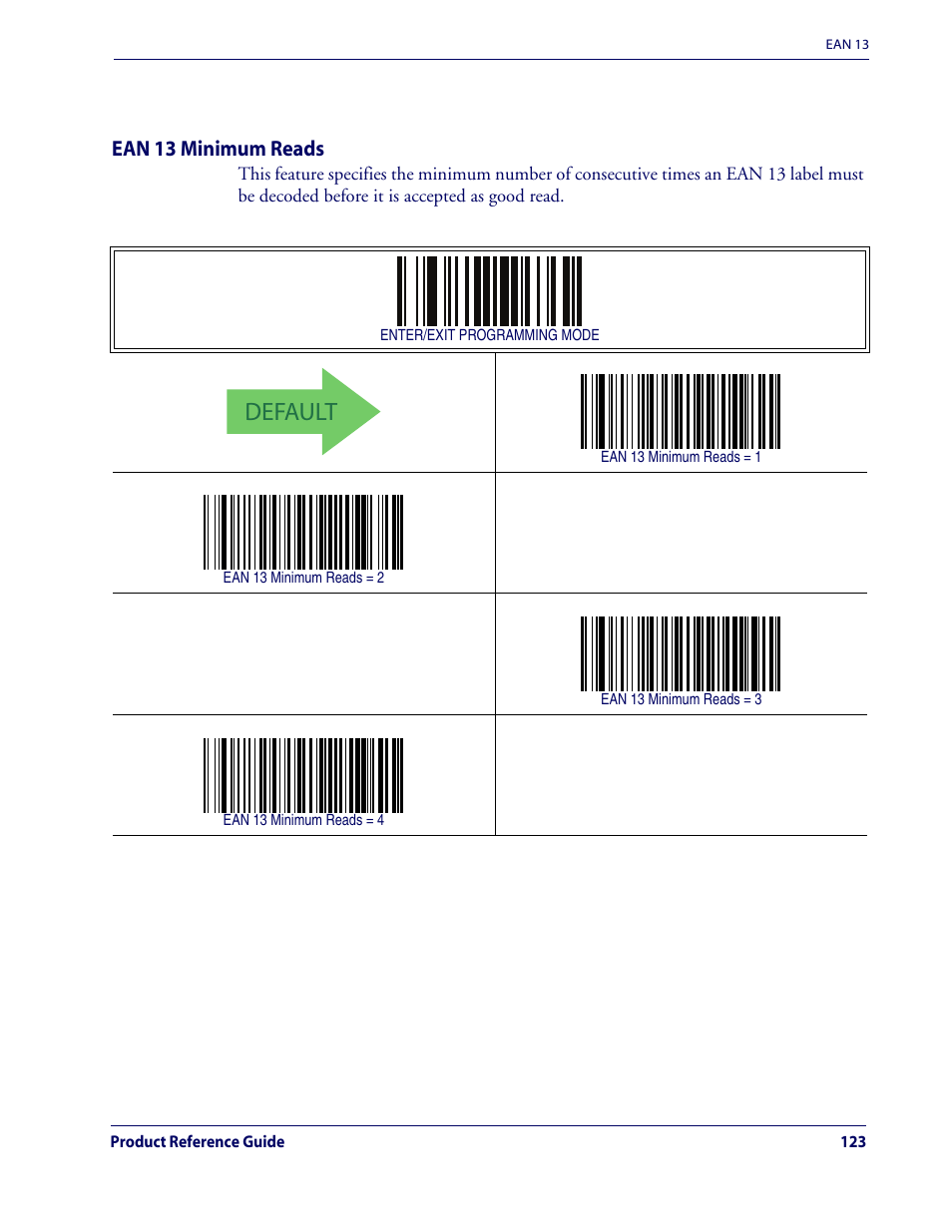 Ean 13 minimum reads, Default, Ean 13 — cont | Rice Lake Datalogic QuickScan QD2100 Linear Imager Hand-held Scanner User Manual | Page 131 / 320