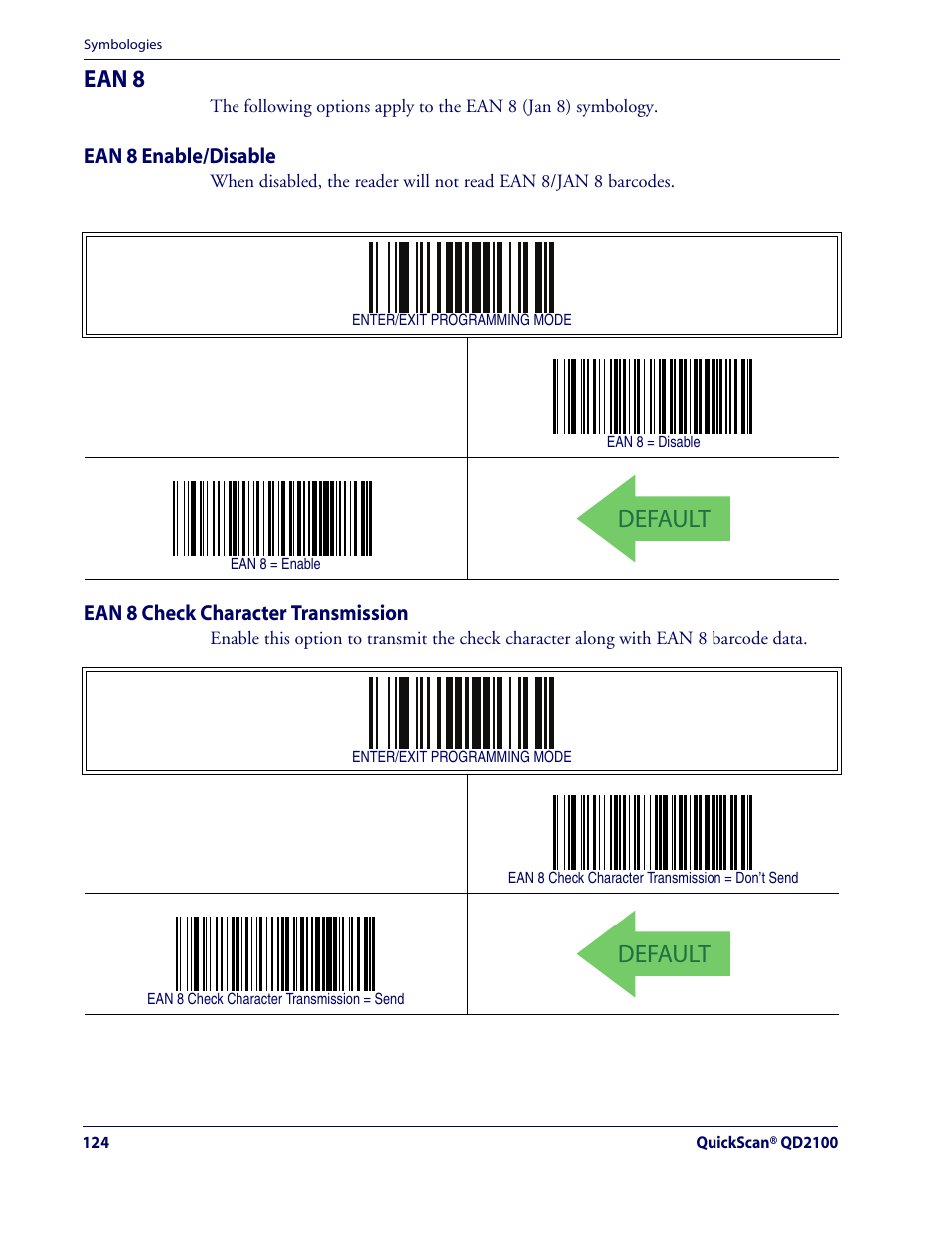 Ean 8, Ean 8 enable/disable, Ean 8 check character transmission | Default | Rice Lake Datalogic QuickScan QD2100 Linear Imager Hand-held Scanner User Manual | Page 132 / 320