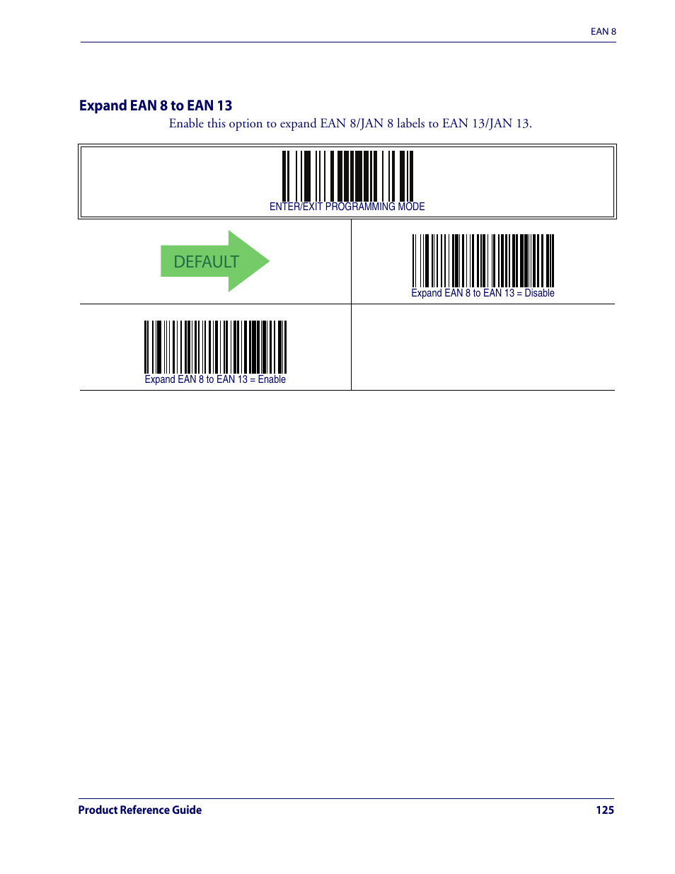 Expand ean 8 to ean 13, Default, Ean 8 — cont | Rice Lake Datalogic QuickScan QD2100 Linear Imager Hand-held Scanner User Manual | Page 133 / 320