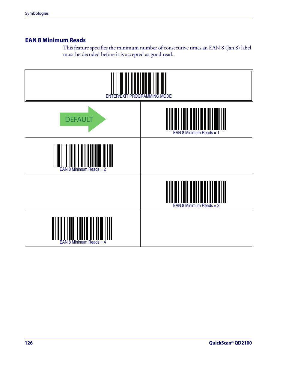 Ean 8 minimum reads, Default, Ean 8 — cont | Rice Lake Datalogic QuickScan QD2100 Linear Imager Hand-held Scanner User Manual | Page 134 / 320