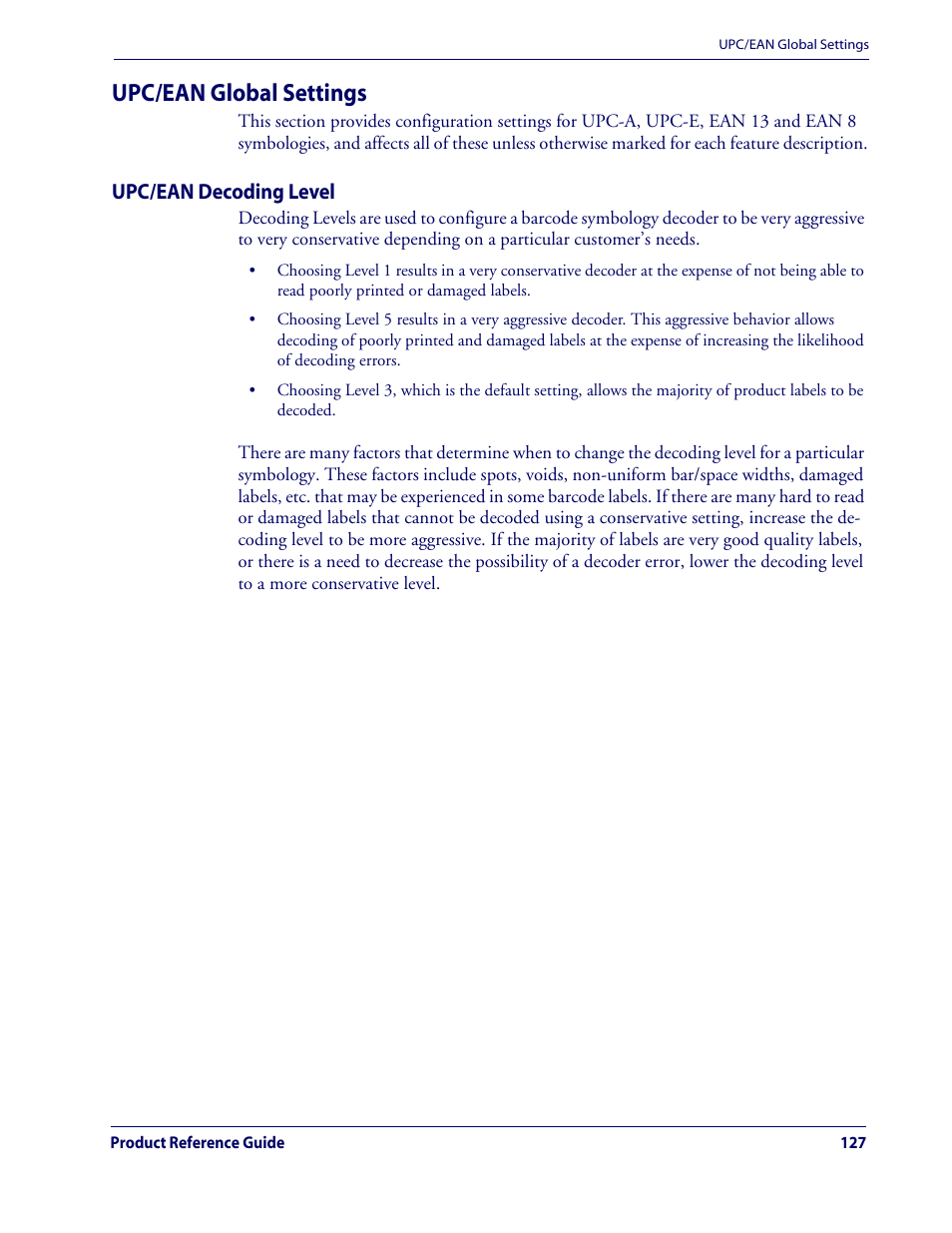 Upc/ean global settings, Upc/ean decoding level | Rice Lake Datalogic QuickScan QD2100 Linear Imager Hand-held Scanner User Manual | Page 135 / 320