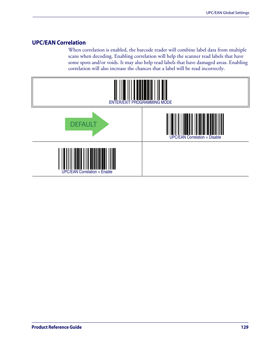 Upc/ean correlation, Default, Upc/ean global settings — cont | Rice Lake Datalogic QuickScan QD2100 Linear Imager Hand-held Scanner User Manual | Page 137 / 320