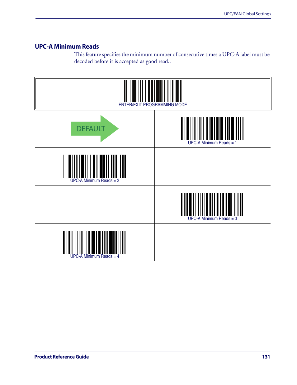 Upc-a minimum reads, Default, Upc/ean global settings — cont | Rice Lake Datalogic QuickScan QD2100 Linear Imager Hand-held Scanner User Manual | Page 139 / 320