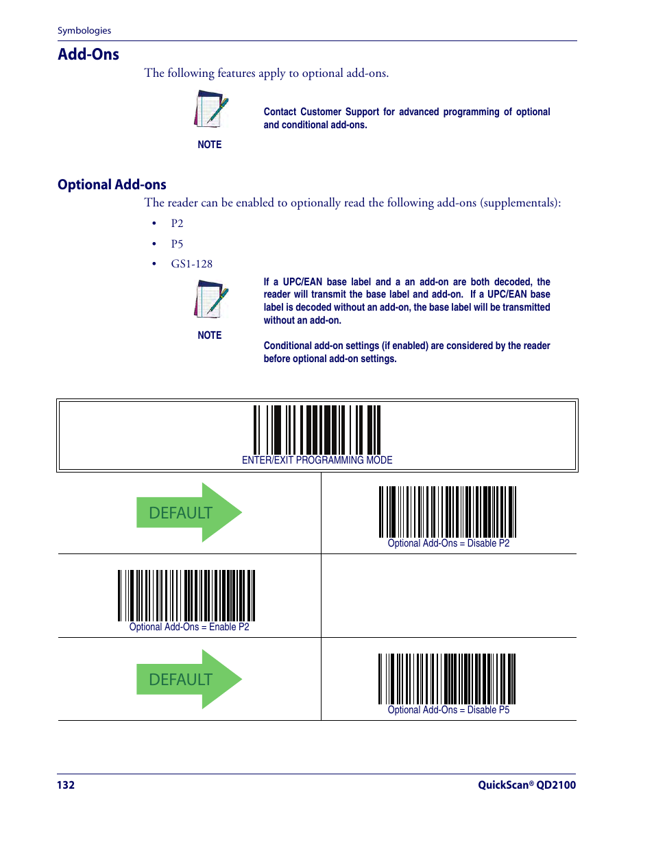 Add-ons, Optional add-ons, Default | Rice Lake Datalogic QuickScan QD2100 Linear Imager Hand-held Scanner User Manual | Page 140 / 320